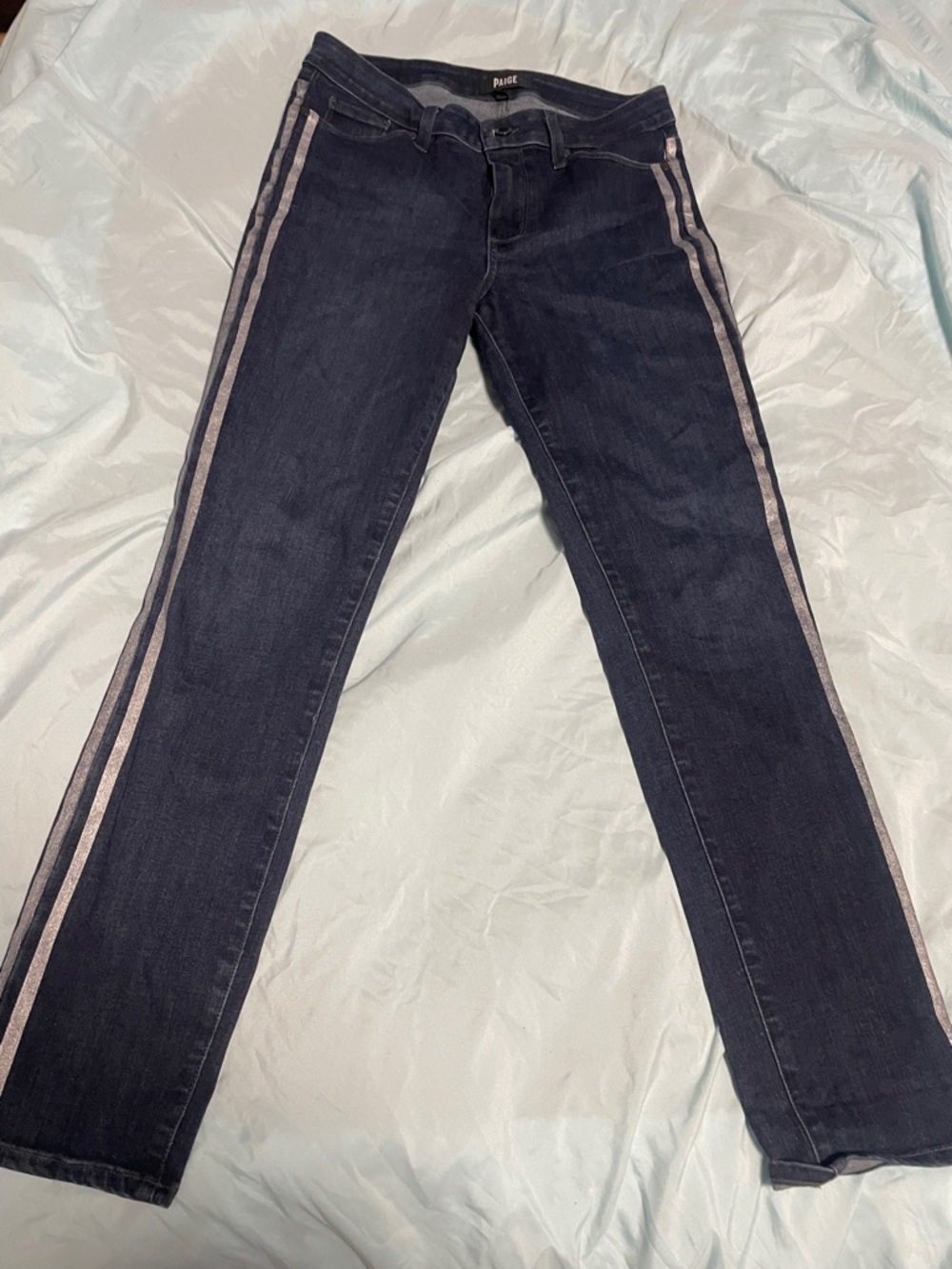 PAIGE Women's Dark Blue Straight-Leg Jeans with Silver Side Stripes